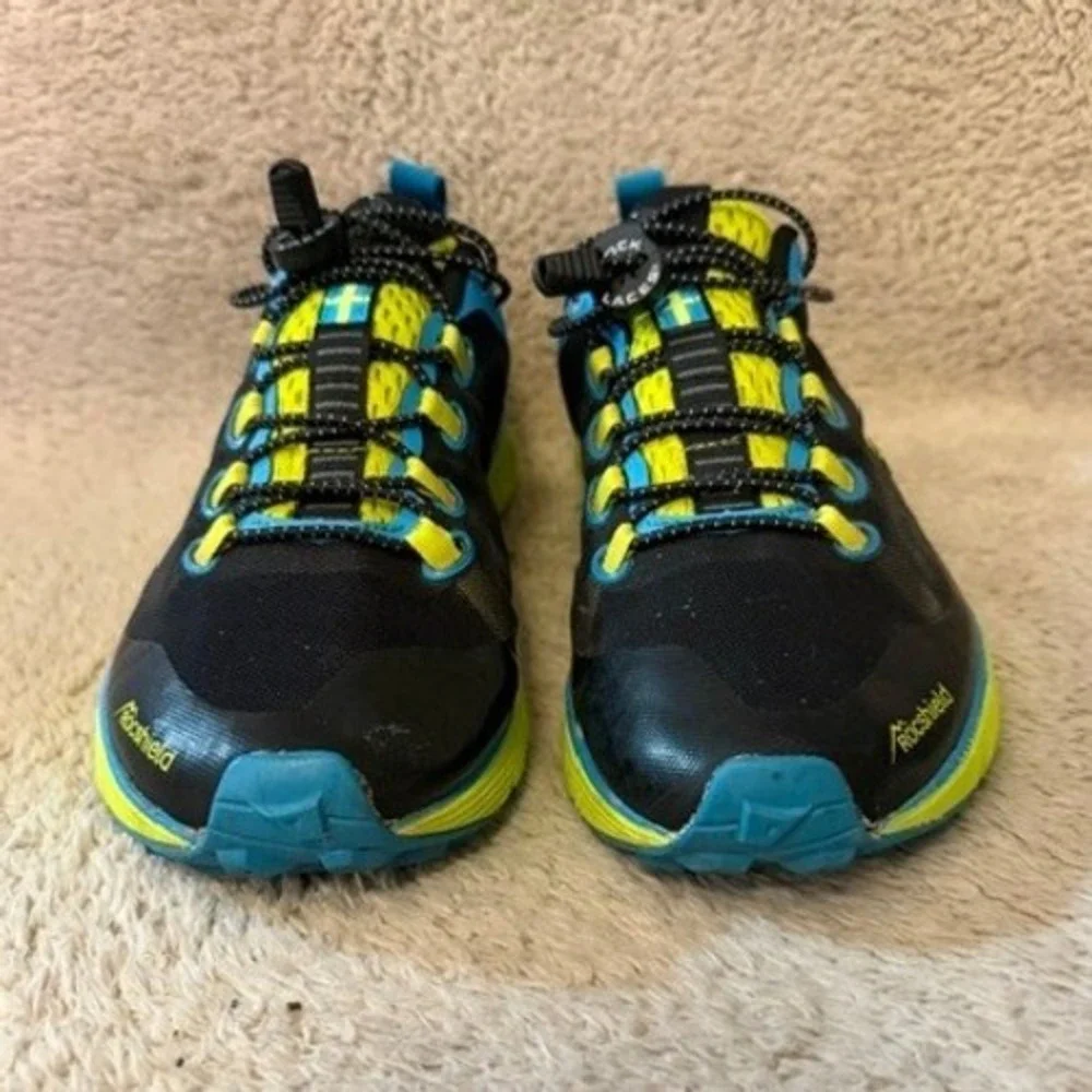 Salming Trail 5 Trail Running Shoes Mens Size 10 Black Yellow Blue Vibram EUC